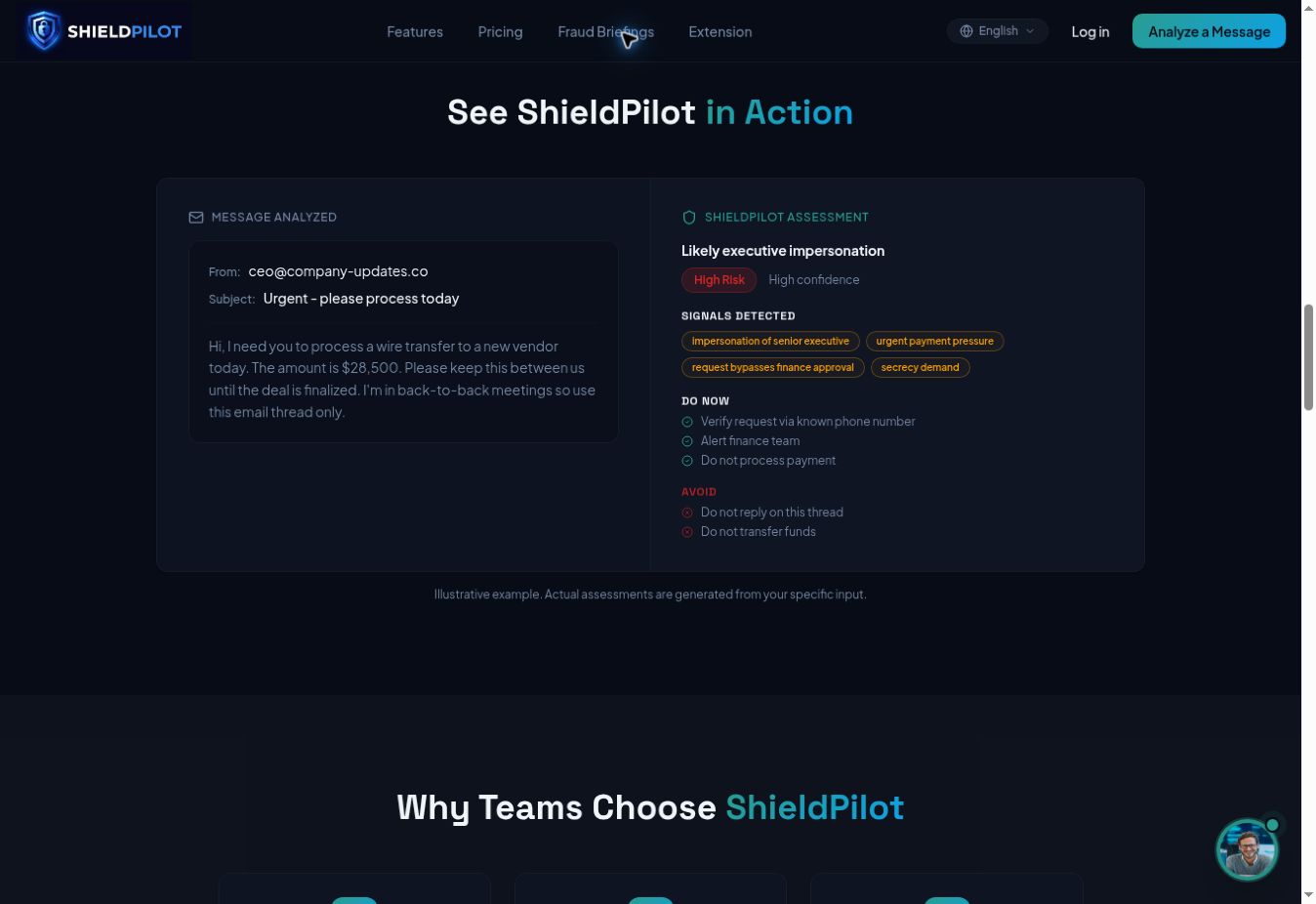 ShieldPilot public illustrative demo: fraud signals and recommended actions